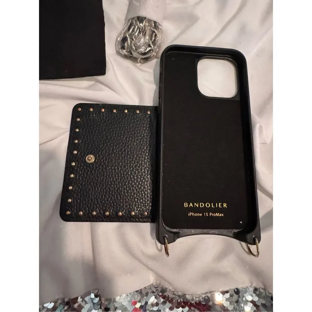 Bandolier annie black leather studded crossbody MagSafe wallet case + chain stra